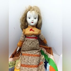 Collectible Vintage WALDA Porcelain Doll Wicker Basket Bed Blanket And Pillow
